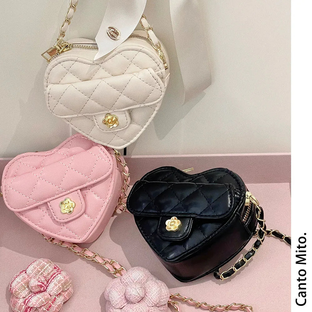 PU Crossbody Bag Diamond Checkered Heart — Black | KIMLUD