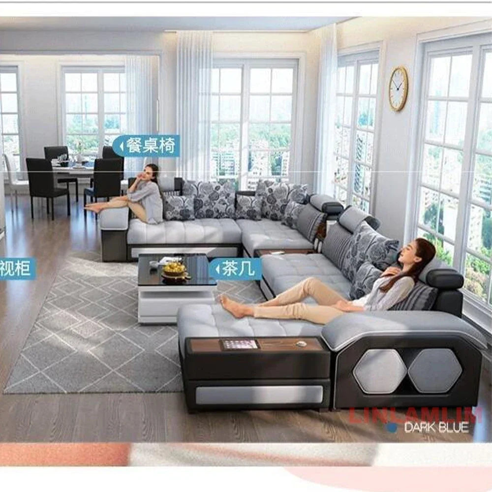 U-Shaped Sectional Fabric Sofa With Storage And Built-In Side Table — Gray | KIMLUD