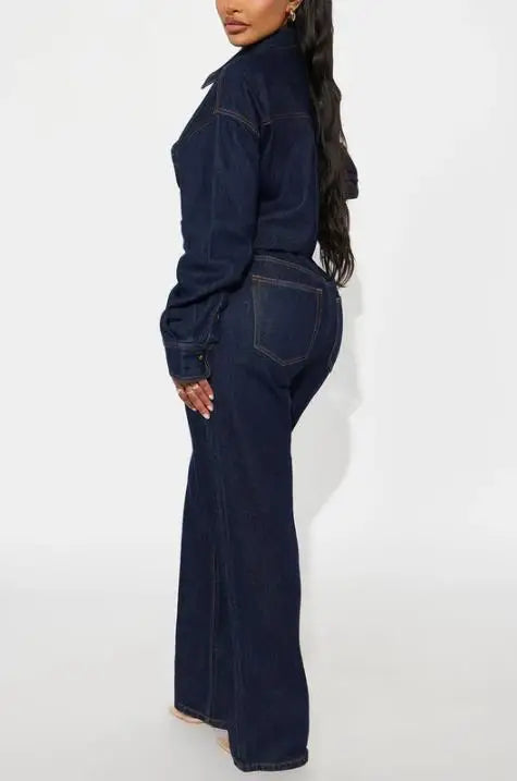 Denim Jumpsuit High Waist Pocket Turn-Down Collar — Deep Indigo | KIMLUD