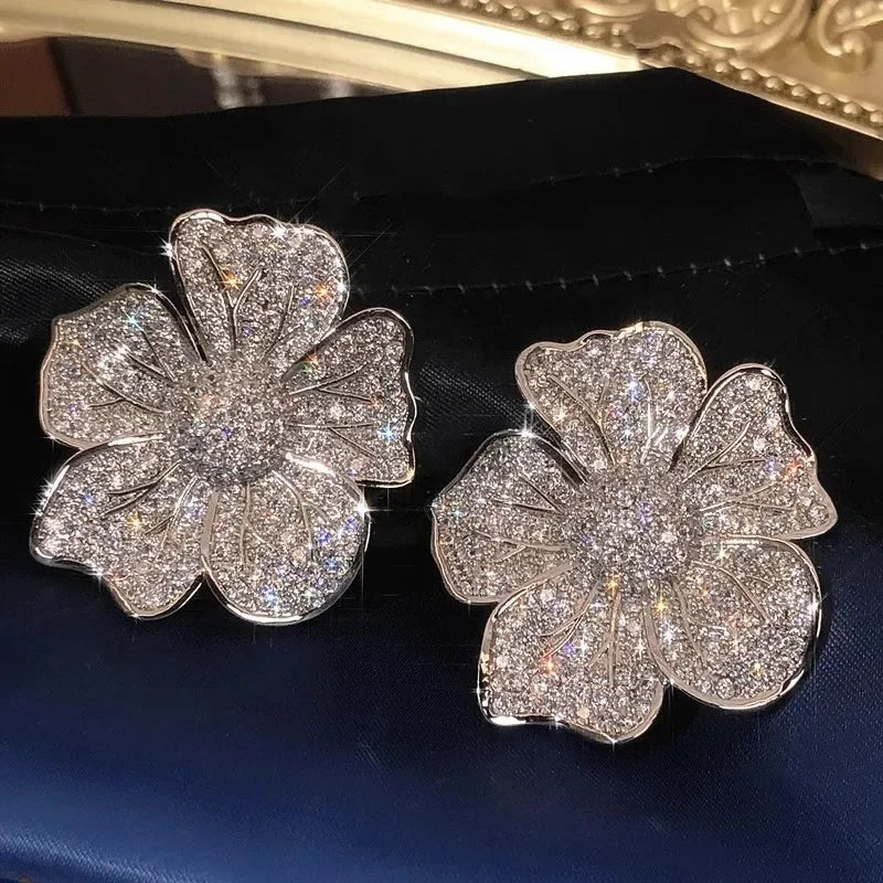 Earrings Sparkling Zirconia Inlaid Flower Earrings Zinc Alloy — Gold | KIMLUD