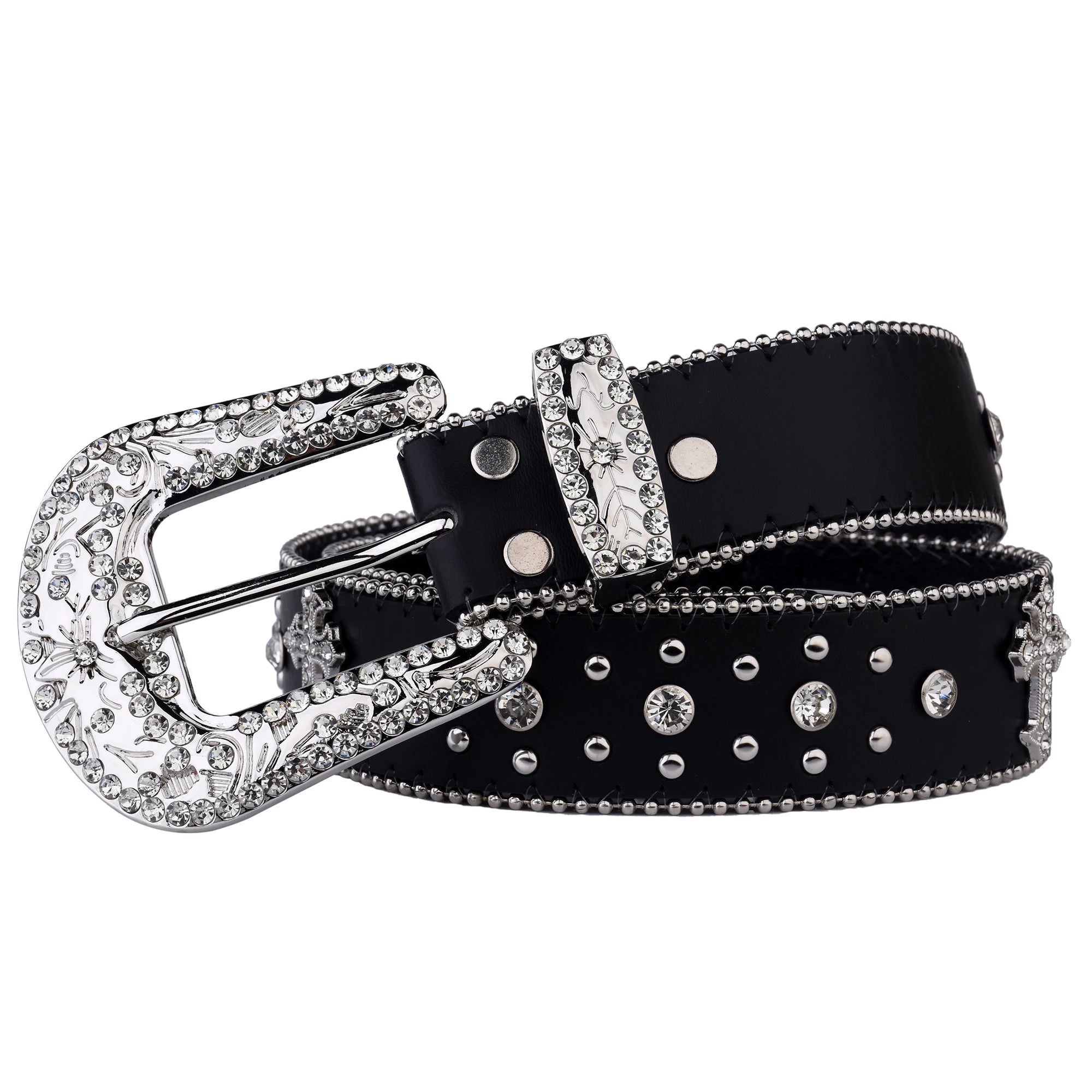 Black Cross Rivet Belt Engraved Buckle Rhinestone Decor PU Belt Hip Hop Jeans Pants Belt Punk Western Cowboy Cowgirl Belts