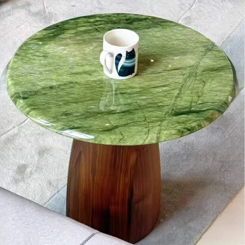 Marble-Look Round Coffee Table Solid-Wood Pedestal — Emerald Green | KIMLUD