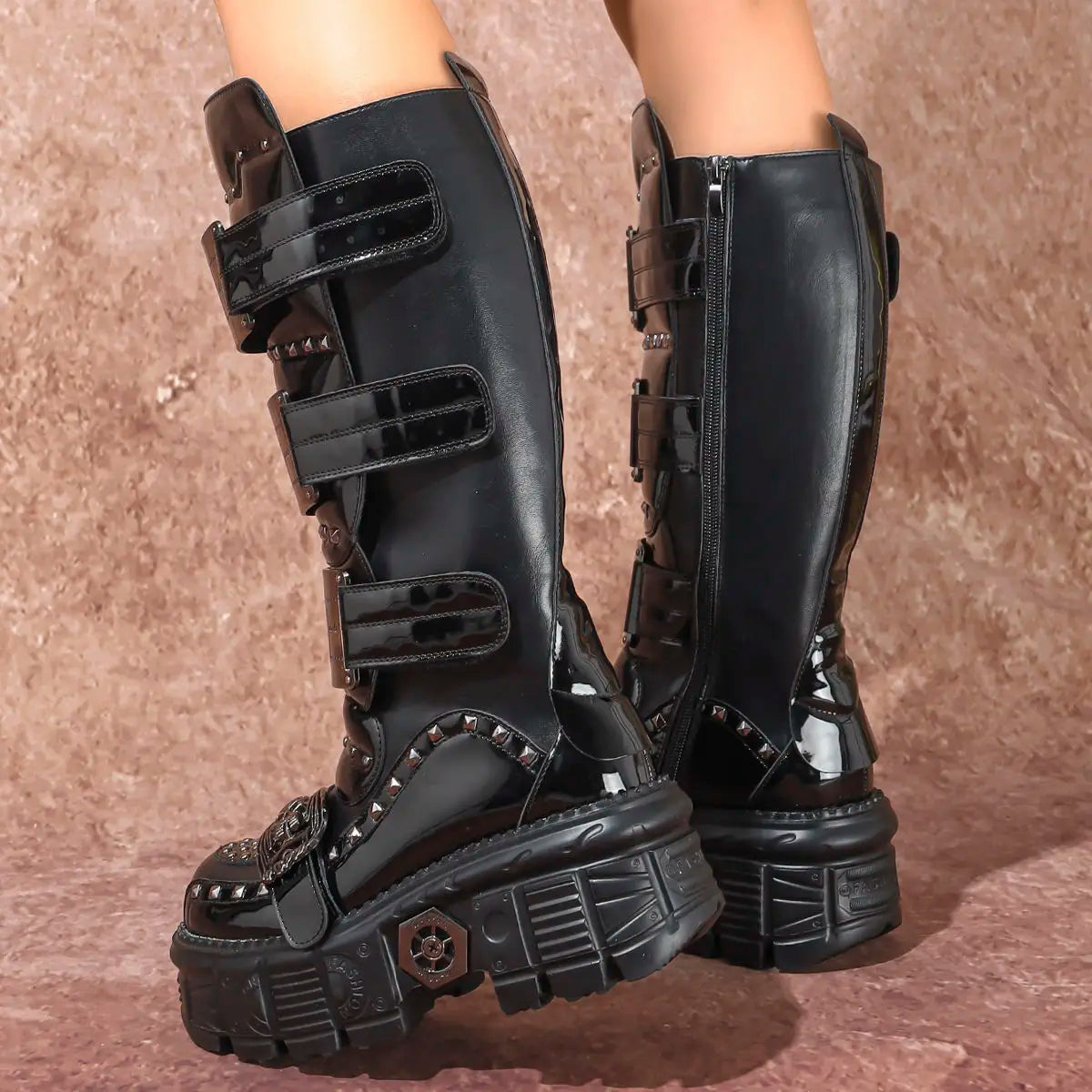 2025 WoMen's Thick-soled Premium Metal Dark Long Lightweight Rock Punk Mid-height Platform Chelsea Boots