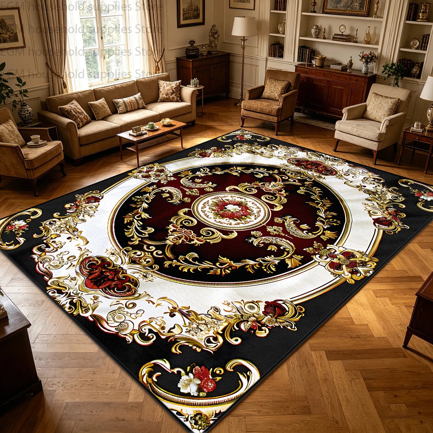 Kilim Polyester Floral Area Rug — Red Gold | KIMLUD