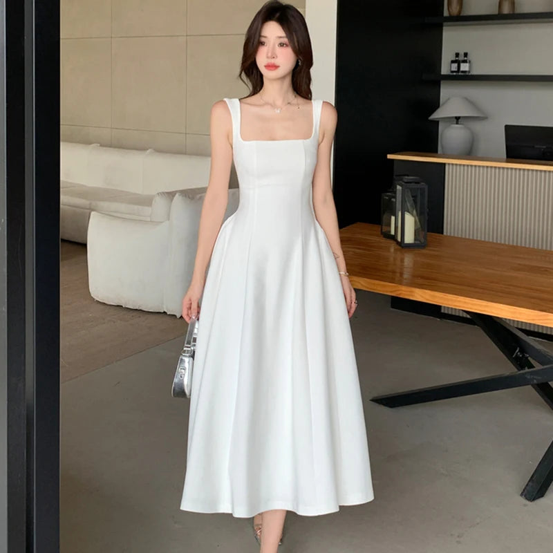 Square-Collar Bodycon Midi Dress Long — White | KIMLUD