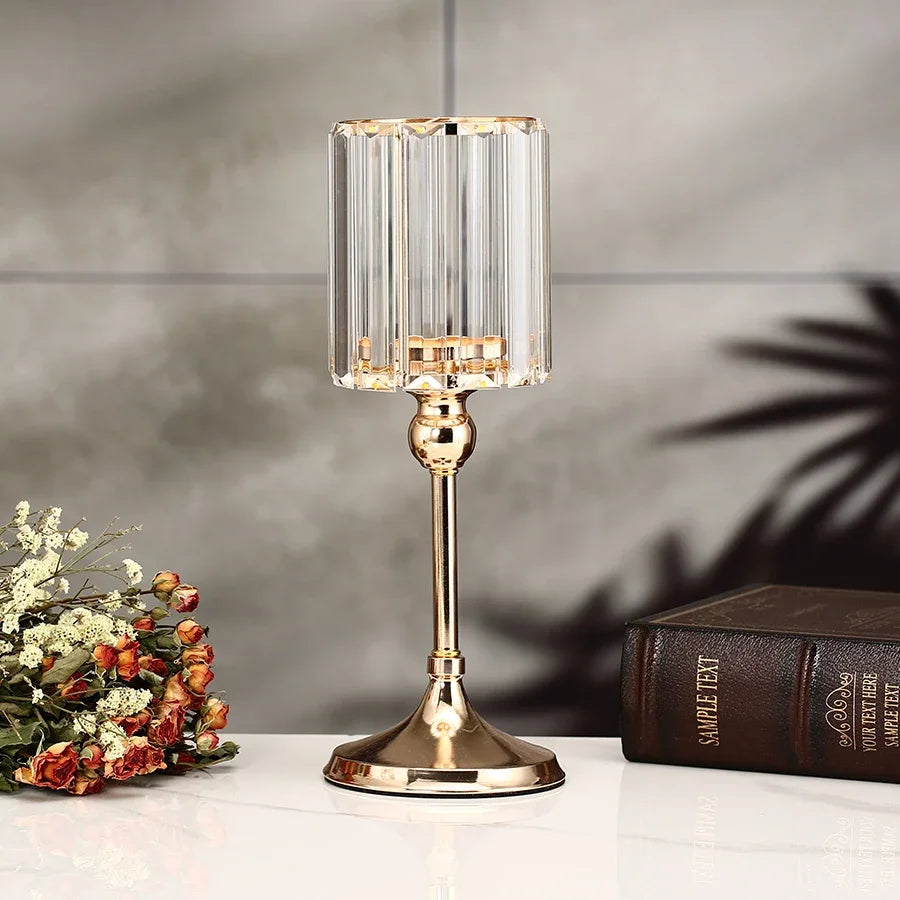 Crystal Gold-Toned Pillar Candle Holder For Dining Tables — Gold | KIMLUD