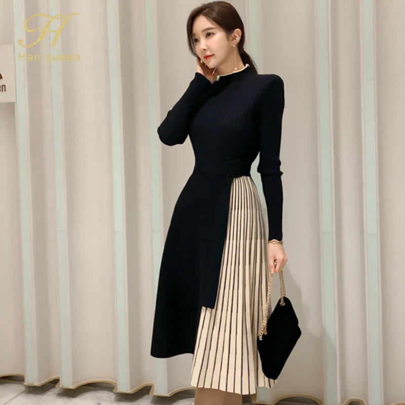 H Han Queen New Winter Elastic Knitted Dresses Women Color matching Lace-up Sweater Dress Fashion Slim Work Office Vestidos