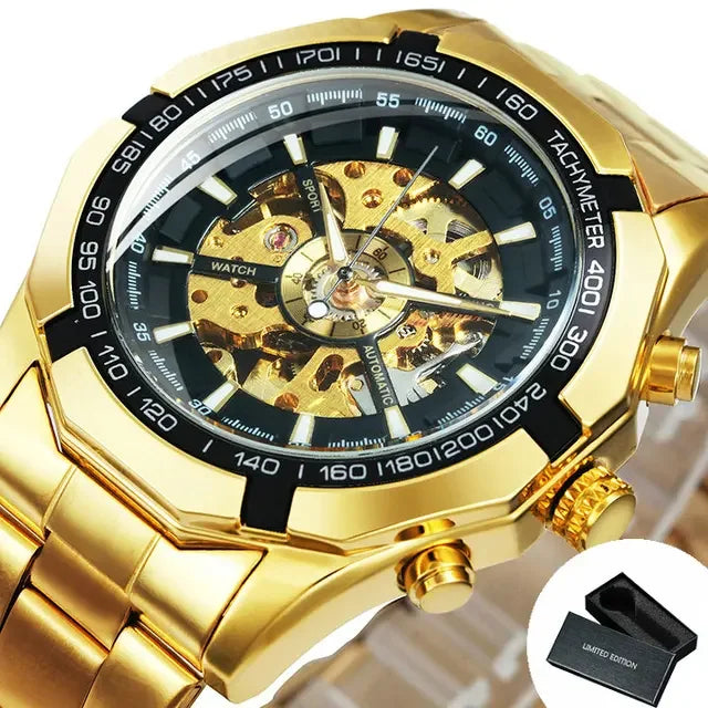 Stainless Steel Skeleton Watch Luminous Hands — Black | KIMLUD