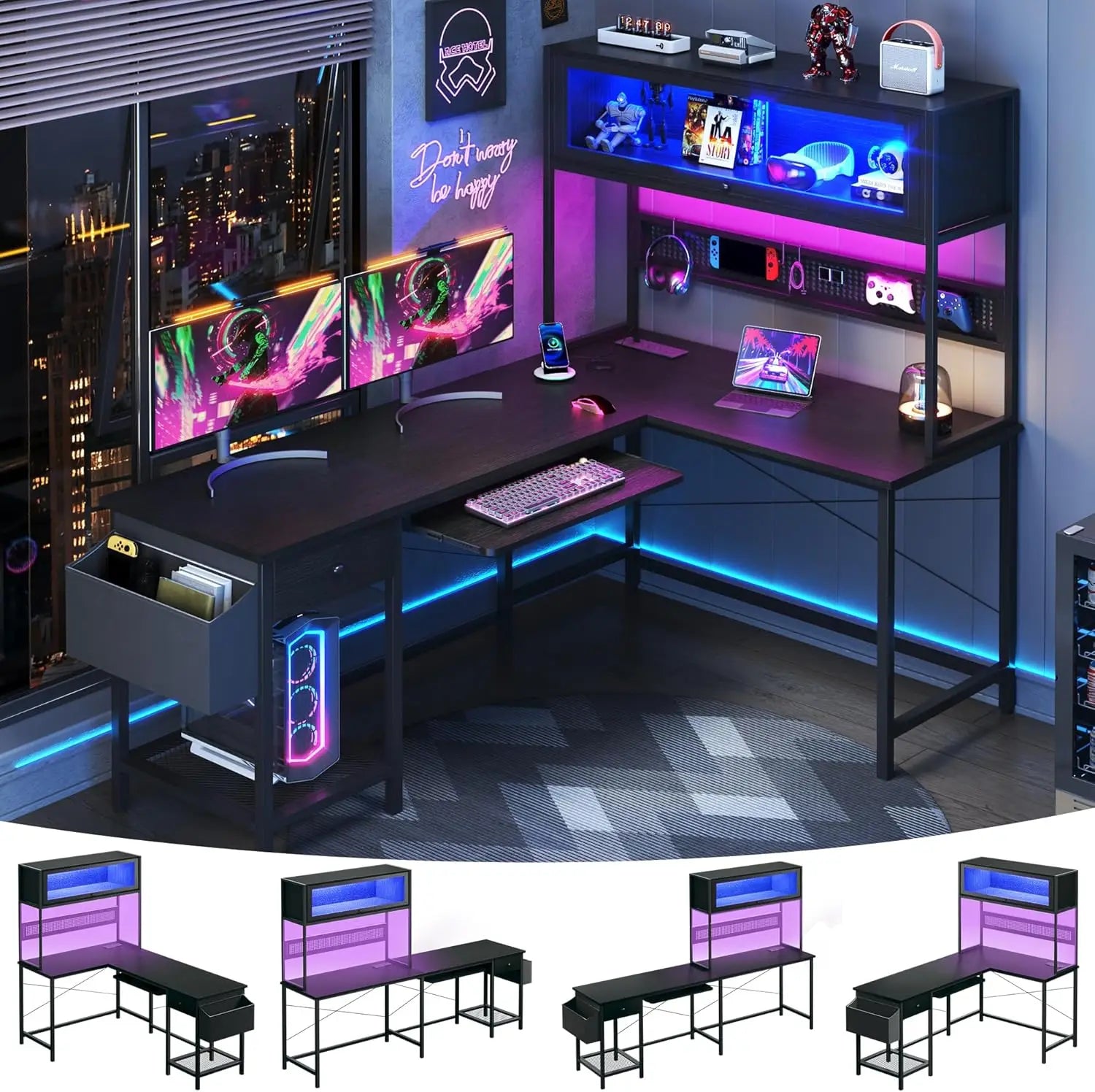 L Shaped Gaming Desk with Power Outlets & LED Lights, 49'' Reversible Computer Desk with Hutch & Pegboard & Display Cabinet