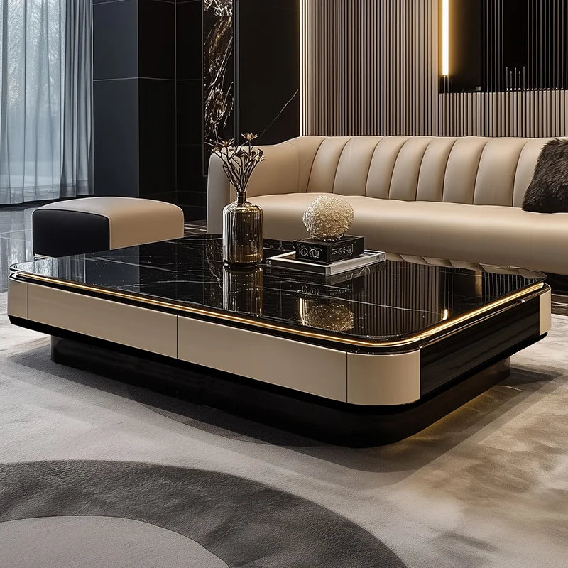 Nordic Light Luxury Coffee Table With Tempered Glass Top And Cream Wood Base — Black | KIMLUD