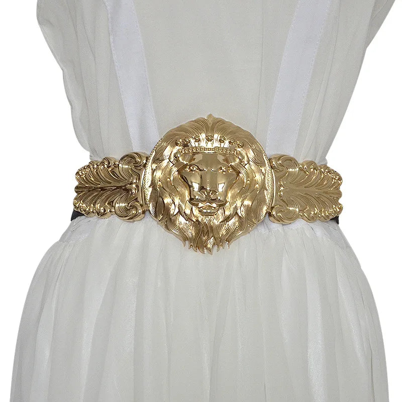 Golden Lion Head Women Girdle Metal Round Buckle Exaggeration Belt for Women's Black Waistband Gold Elastic Waist Seal