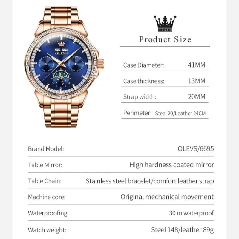 OLEVS 6695 NEW Men's Watches Full Multifunctional Dial Blue Leather Strap Calendar Week Moon Phase Waterproof Wristwatch