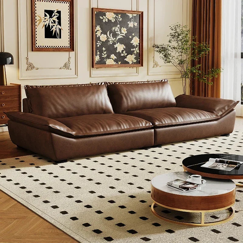 Ergonomic European Leather Sofa With Sculptural Low Profile — Brown | KIMLUD