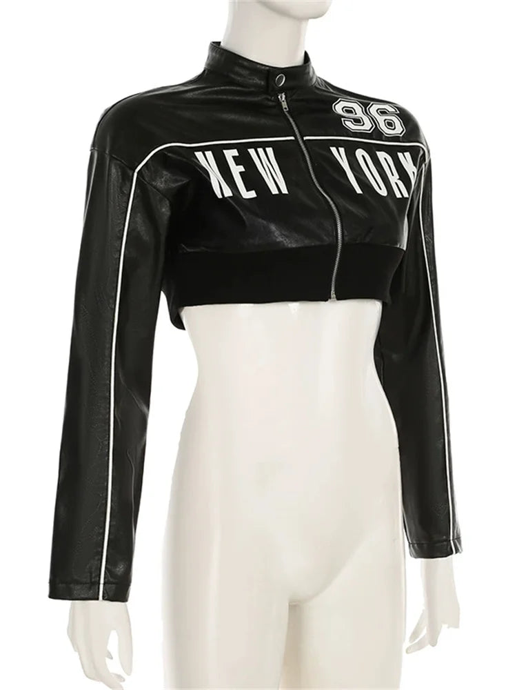 Stylish PU Patchwork Women Jacket - Letter Print Hipster Button Zip Crop Coat