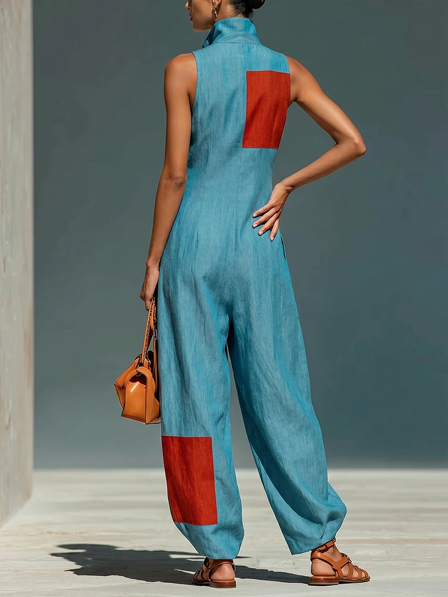 Polyester Elastane Sleeveless Jumpsuit — Black | KIMLUD