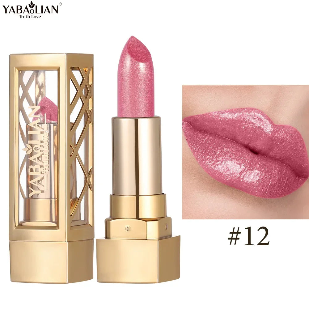 12 Color Gold Tube Lipstick Matte Metallic Glitter Lipstick Waterproof Non-Fade Shimmery Pearl Sparkling Red Lip Gloss Makeup