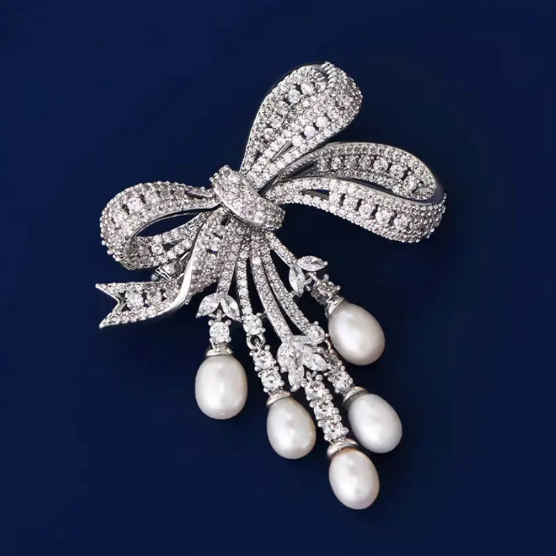 Zircon Pearl Bowknot Tassel Brooch — Crystal | KIMLUD