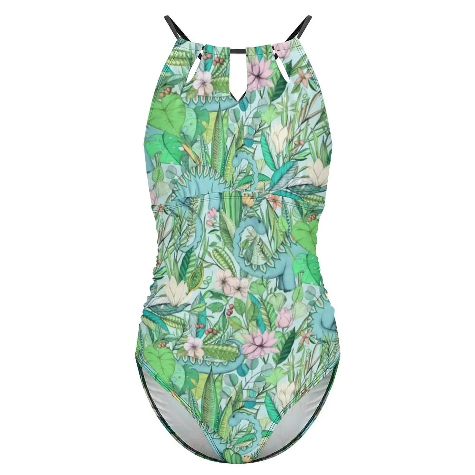 Halter One-Piece Swimsuit With Botanical Dinosaurs Print — Pastel Green | KIMLUD