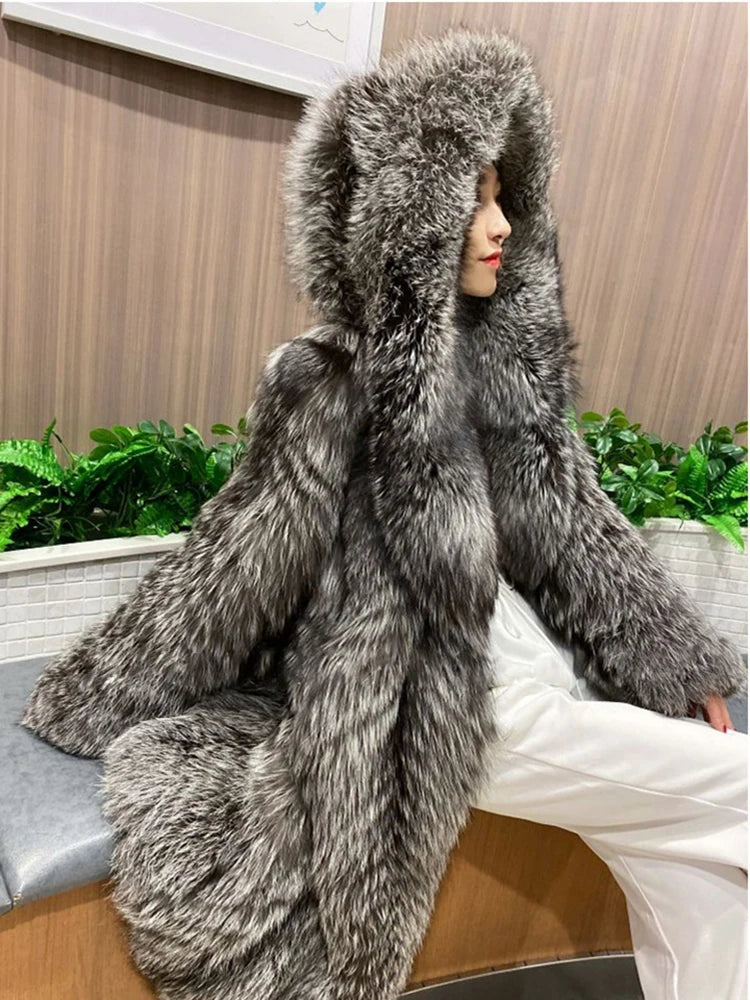 DEAT Fashion Silver Fox Over-knee-length Faux Fur Coat Women's Hooded Loose Plush Jacket Winter New 7A2292
