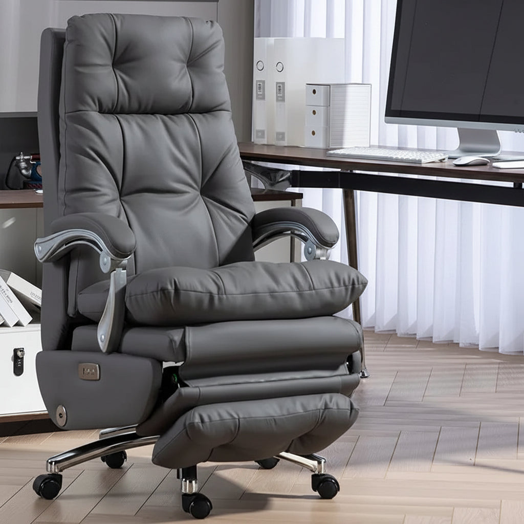 Gray office chair with reclining feature in a home office setting