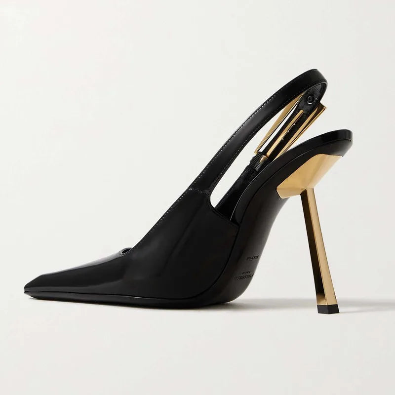 2024 New Summer French Pointed Patent Leather Fine Heel Overhead Sandals for Women Retro Skinny Heel Shoes