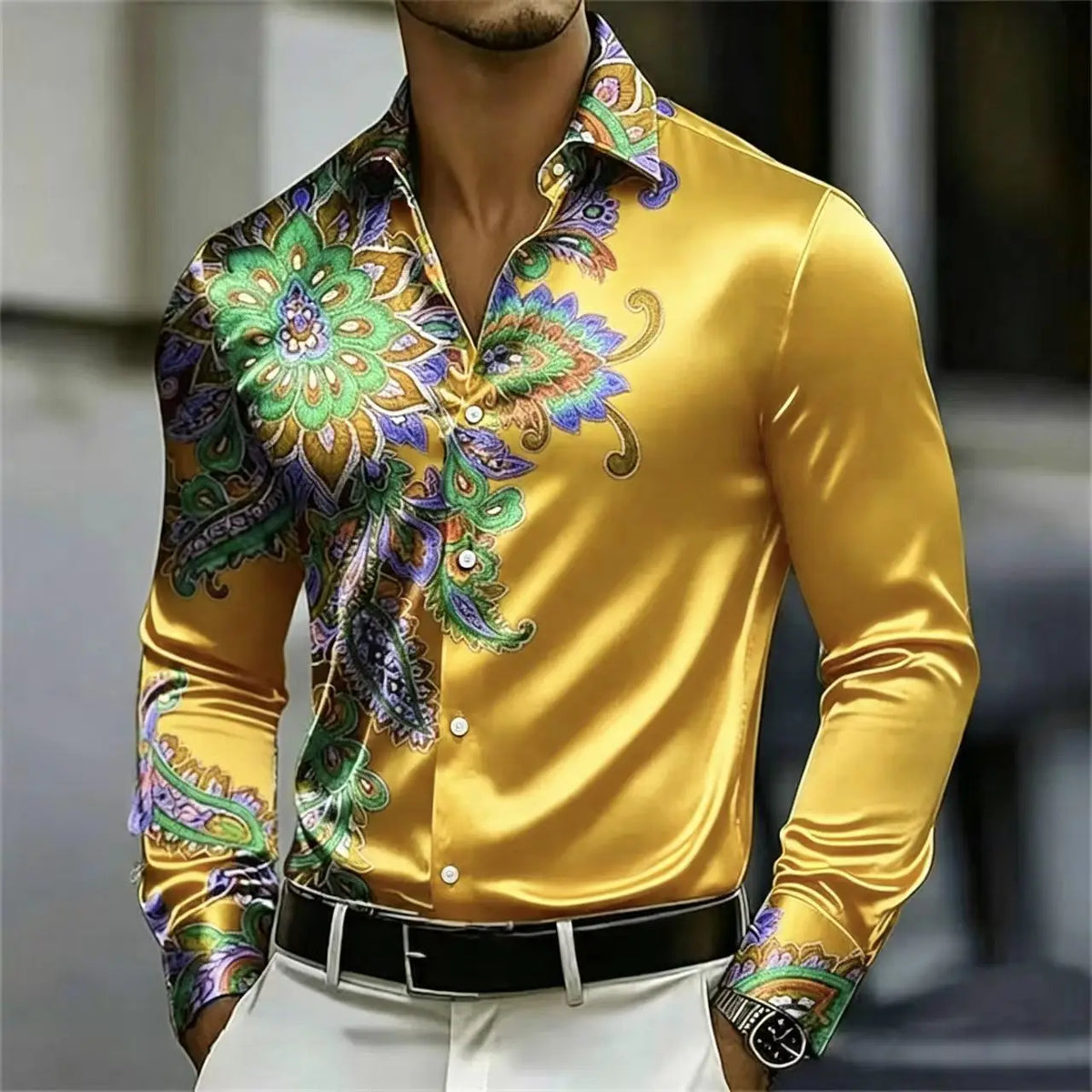 Men's Satin Paisley Print Shirt – Silk Polyester | KIMLUD