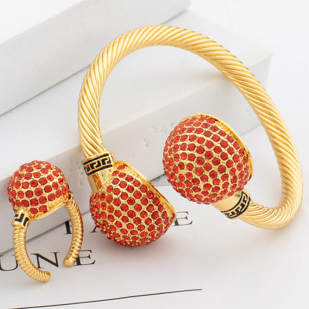 Gold Plated Jewelry Set Cuff Bangle Ring — Golden | KIMLUD