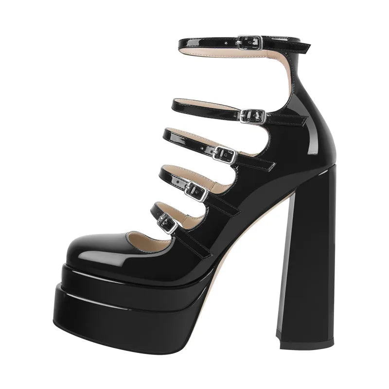 Pumps – Buckle Strap Platform – Patent Leather – Black | KIMLUD