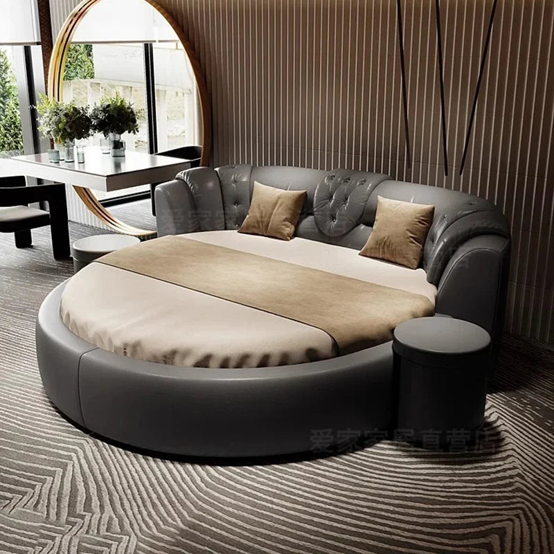 European Style Round Bed Luxury Leather Surface — Ivory White | KIMLUD
