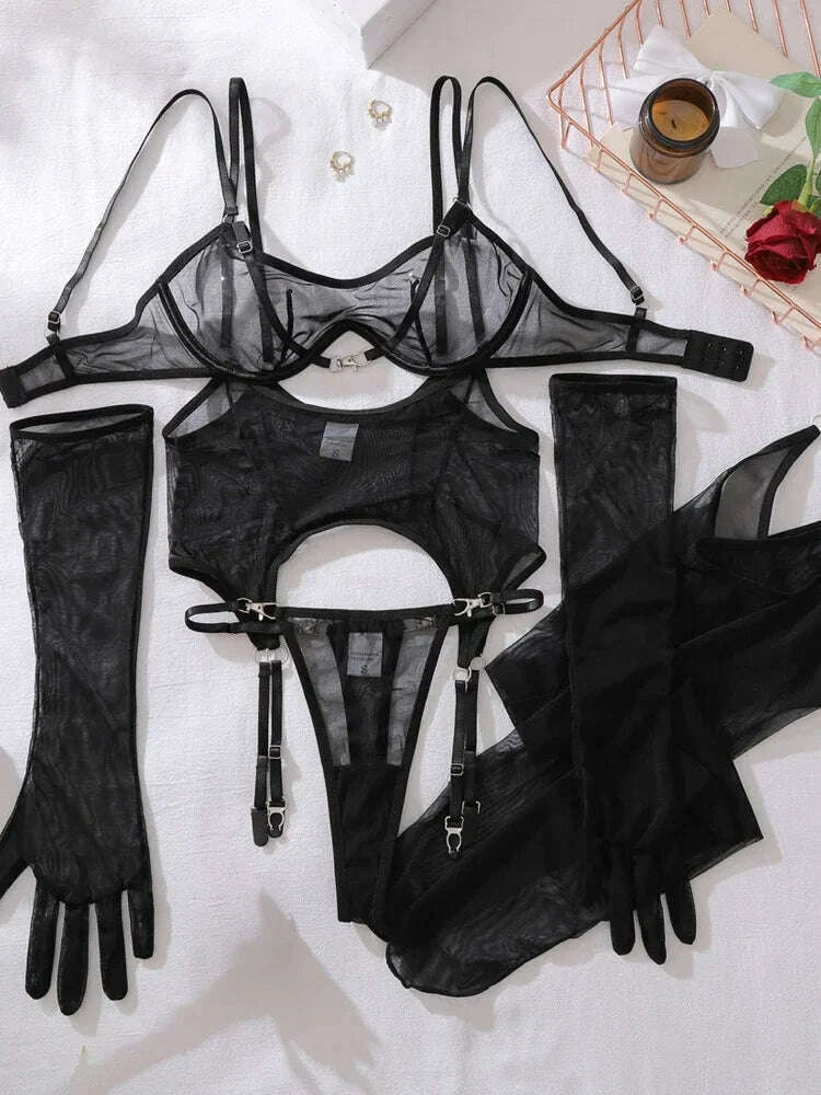 KIMLUD, Women Transparent Bra Set Hot Erotic Sexy Costumes Solid Color Underwear Seamless Bra Thong Garters Sexy Lingerie Sets, KIMLUD Womens Clothes