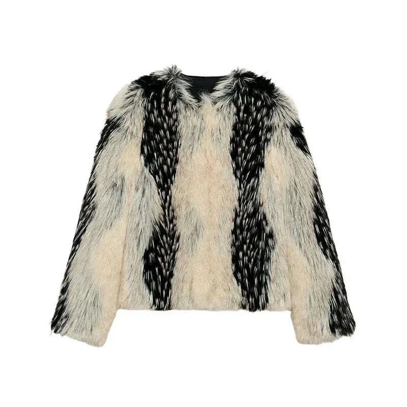 KIMLUD, Stylish Contrast Faux Fur Women Coat Elegant O-neck Single Breasted Full Sleeve Female Coats 2025 Winter Chic Lady Jacket, KIMLUD Womens Clothes