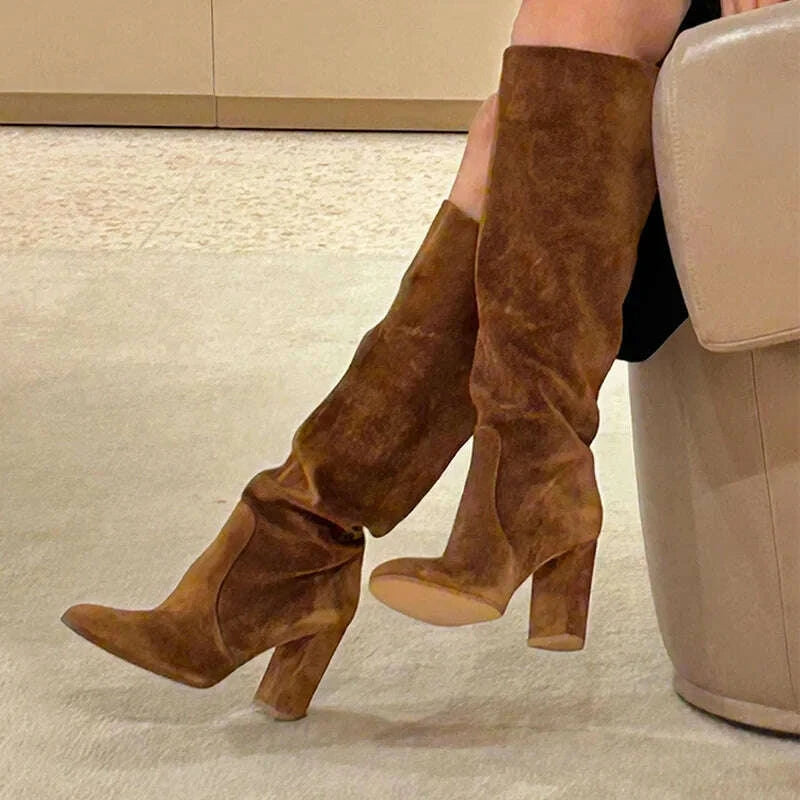 KIMLUD, High Heels Knee High Women's Boots Snow Warm Long Boots Woman Shoes Winter 2025 Sexy Suede Shoes Dress Pumps Mujer Chelsea Botas, KIMLUD Womens Clothes