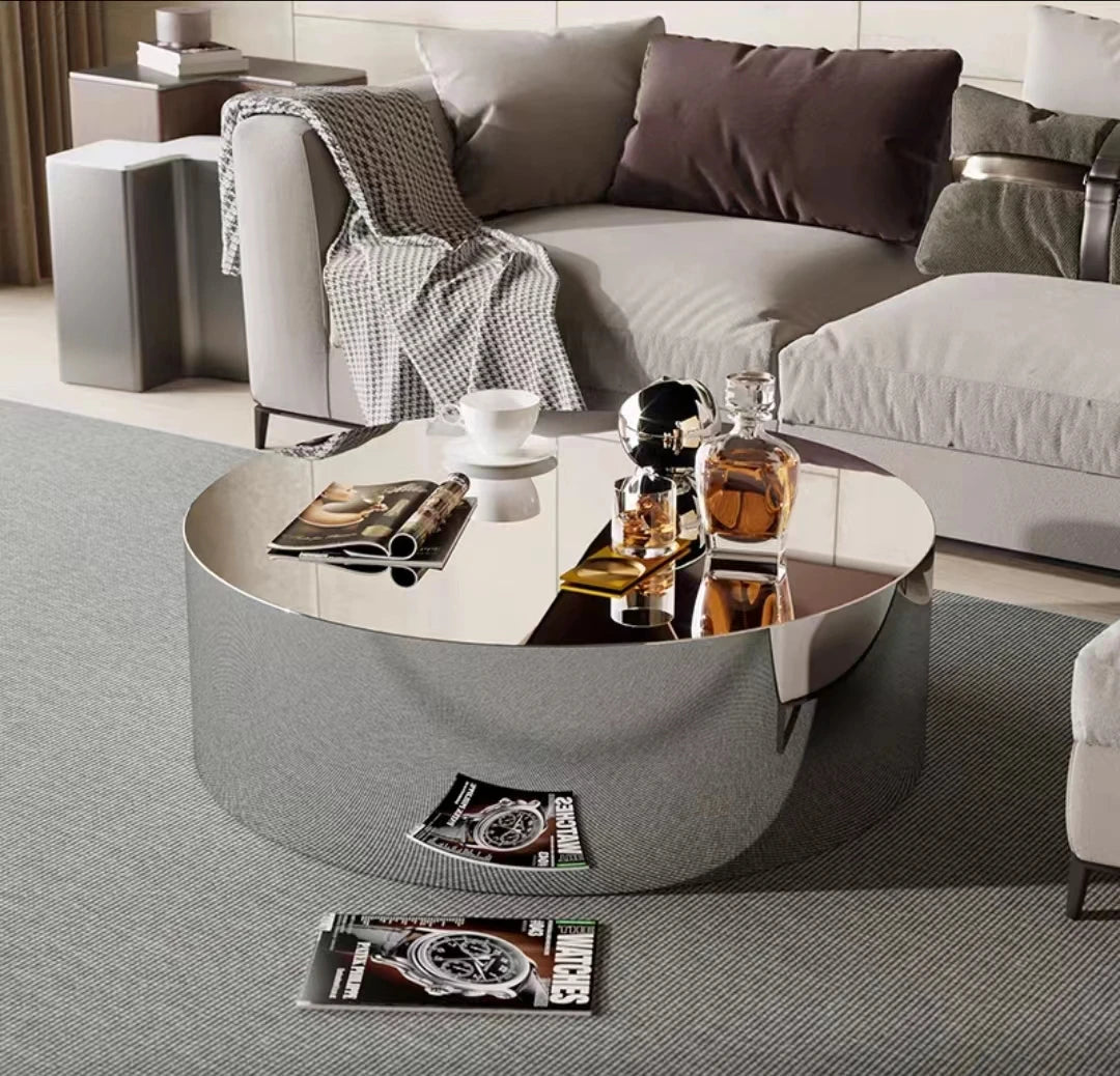 Industrial Metal Coffee Table Sculptural — Brushed Stainless Steel | KIMLUD