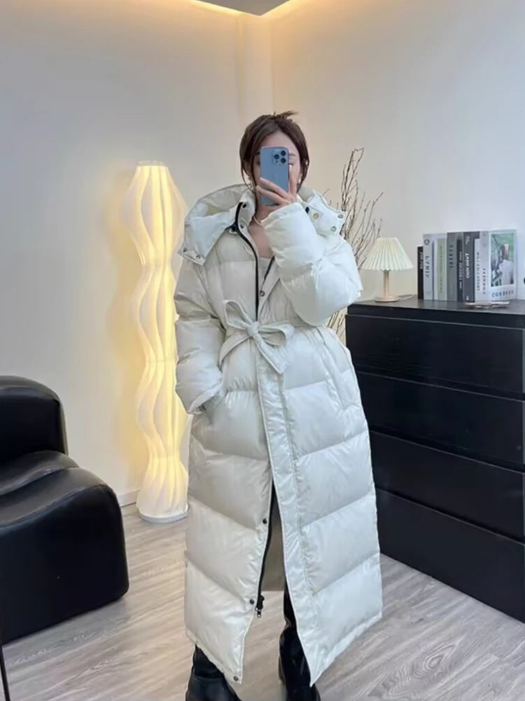 With Belt Women's Winter Down Jacket Long Puffer Coat White Duck Thick Warm Hooded Waterproof Down Jacket With Sashes Outwear