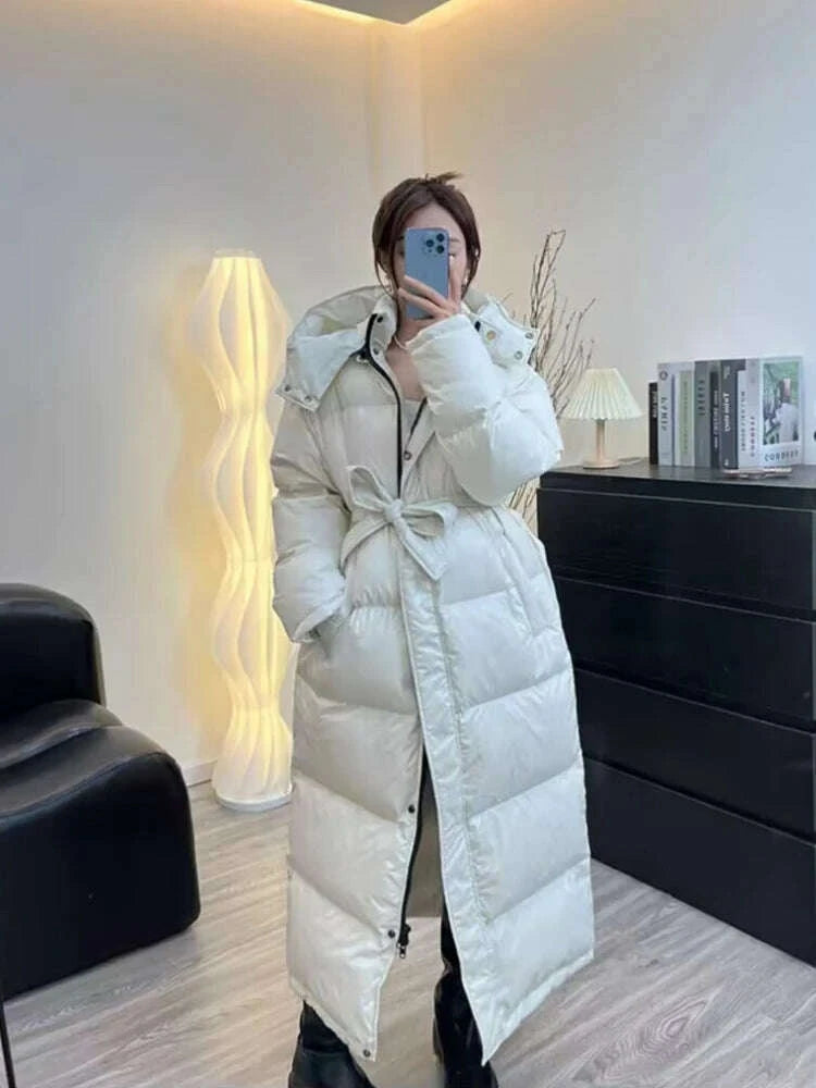 KIMLUD, With Belt Women's Winter Down Jacket Long Puffer Coat White Duck Thick Warm Hooded Waterproof Down Jacket With Sashes Outwear, KIMLUD Womens Clothes