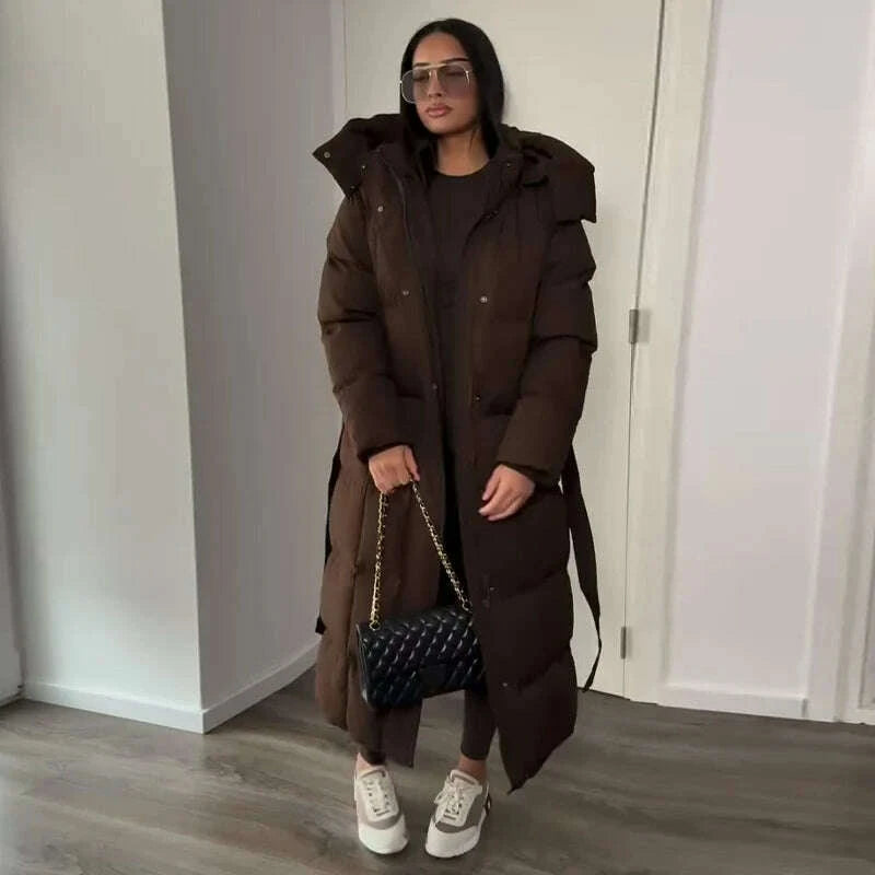 Warm Women's Puffy Quilted Hooded Long Cotton Coat Loose Solid Stand Collar Lace Up Zipper Overcoats 2025 Winter Lady Outwear