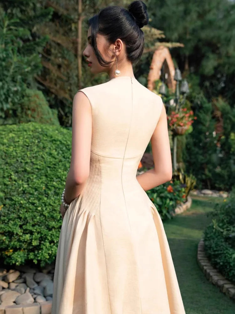 DEAT Elegant Dress O-neck Pleated A-line Big Swing Sleeveless Solid Women's Evening Party Dresses 2025 Spring New Tide 35Z1884
