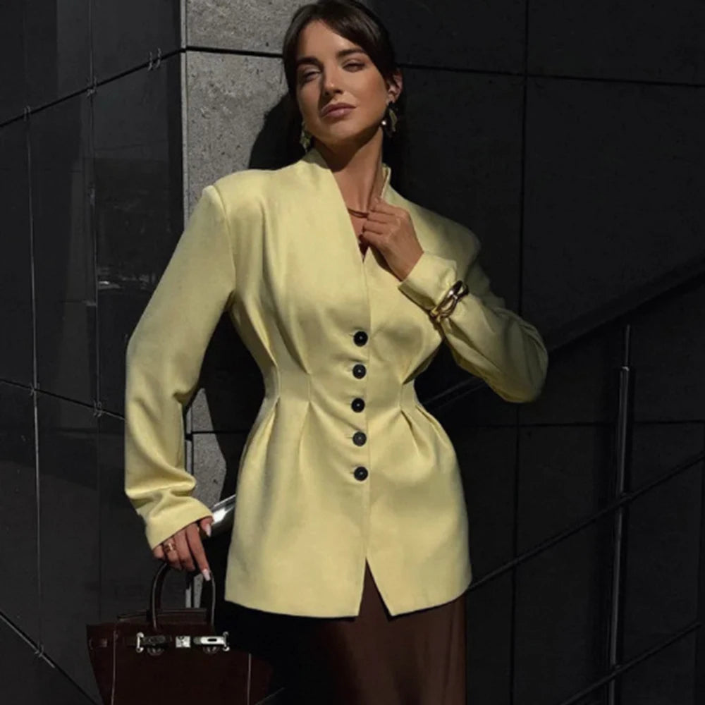 Talenza Women Fashion Blazer Vintage Single Breasted V-Neck Long Sleeve Jacket Casual Office Solid High Street Chic Women Blazer