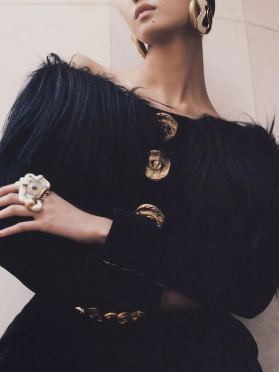 Sculpted Faux Fur Patchwork Slash-Neck Gold-Button Jacket — Black | KIMLUD