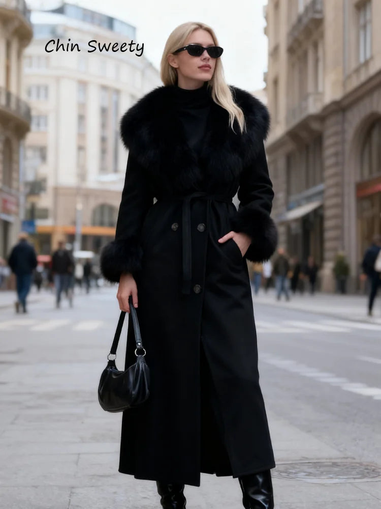 Fur Collar Coats For Woman Belt Long Jackets Winter Outwear Vintage Black Coat Double Breasted Tops Warmed Casual Lady Clothes