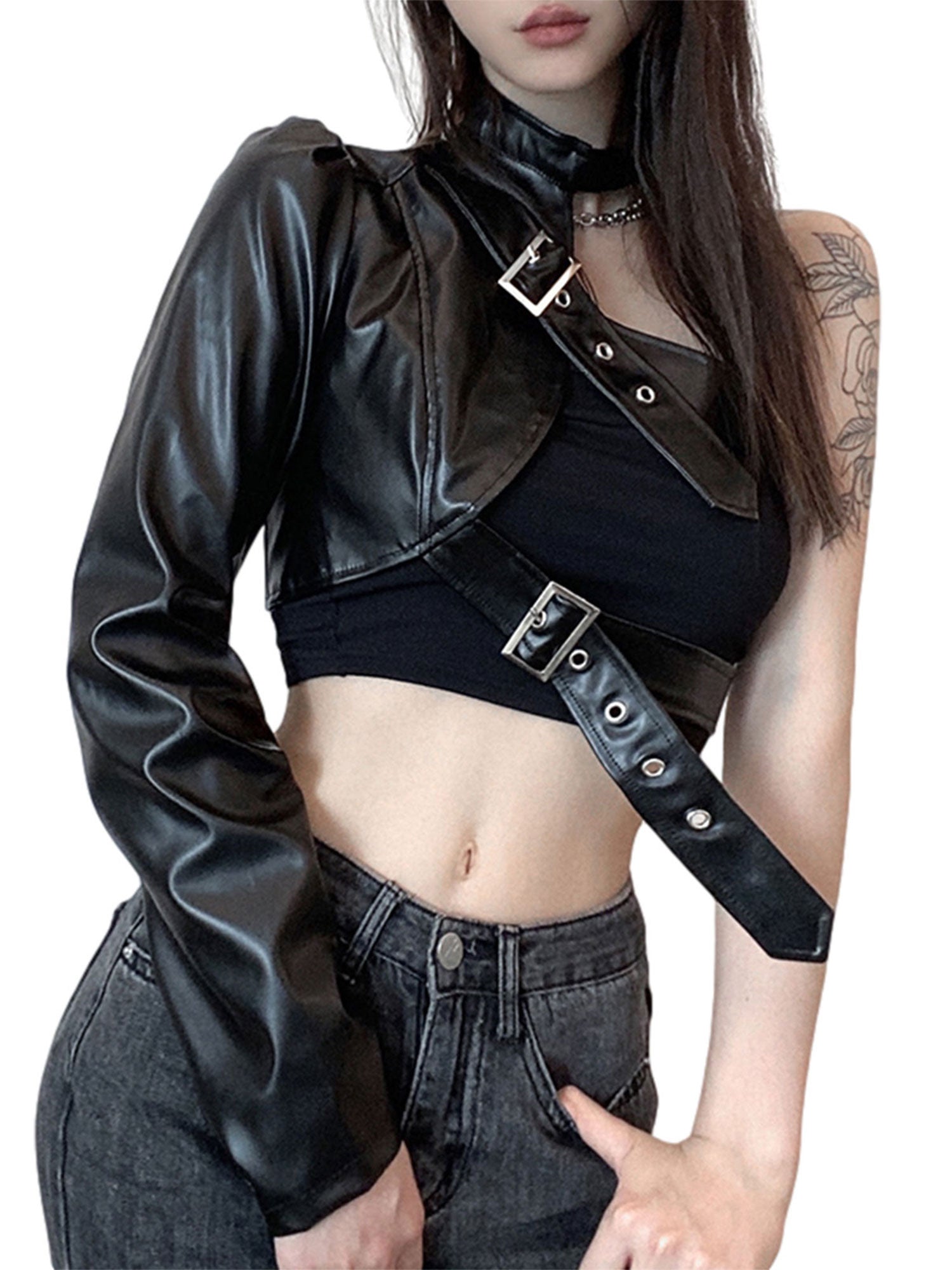 Leather Goth Crop Top for Women Punk Single Long Sleeve Neck Hanger Leather Belt Connected Tops 80s Emo Alt Punk Jacket Coat