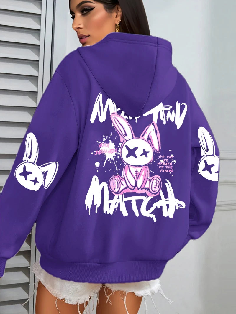 Hoodie – Cartoon Rabbit Prints – Loose Silhouette – Hooded | KIMLUD