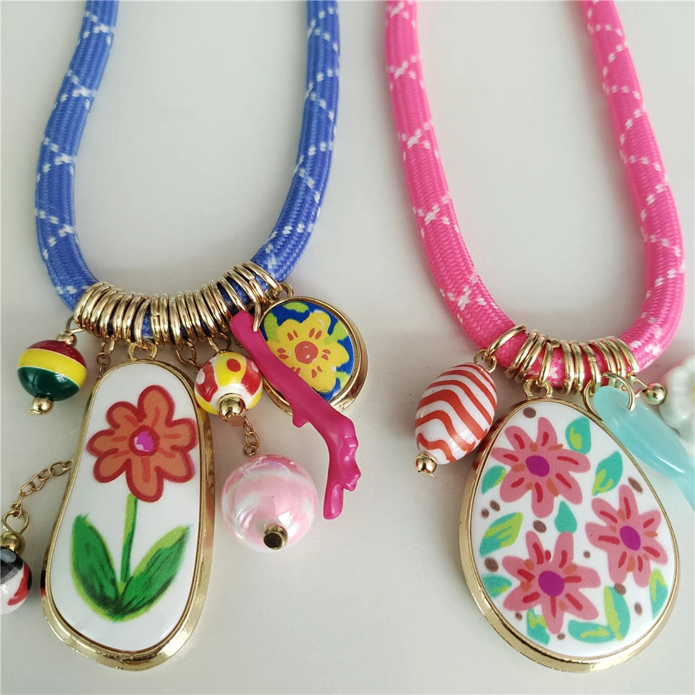 Cord Choker Necklace – Enamel Flower Pendant – Zinc Alloy – Multicolor | KIMLUD