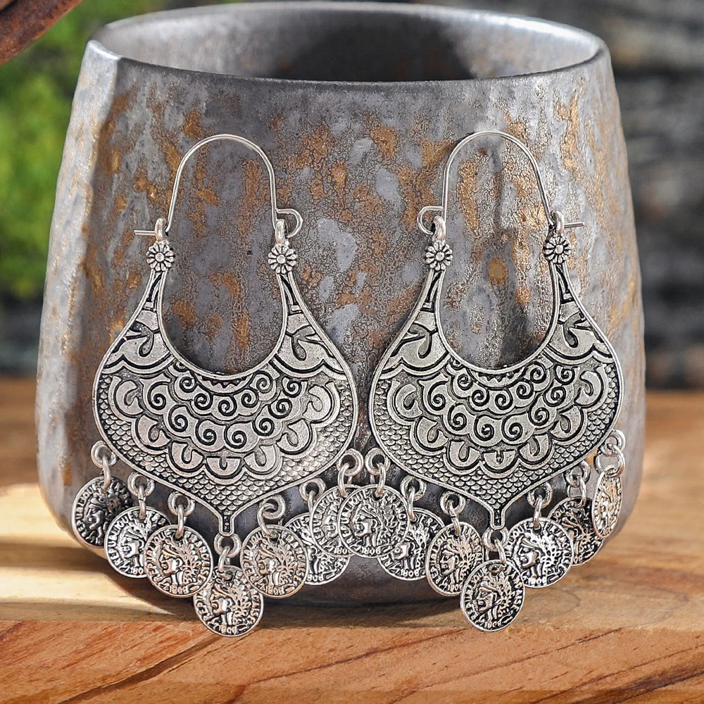 Tassel Drop Earrings – Crescent Moon Carving – Zinc Alloy – Silver | KIMLUD