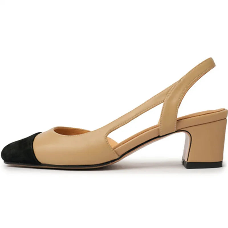 2025 Summer Genuine Leather Sandals for Women Silver Nude Medium Heels Summer Shoe Two-Tone Block Heeled Pumps Lady Office Party