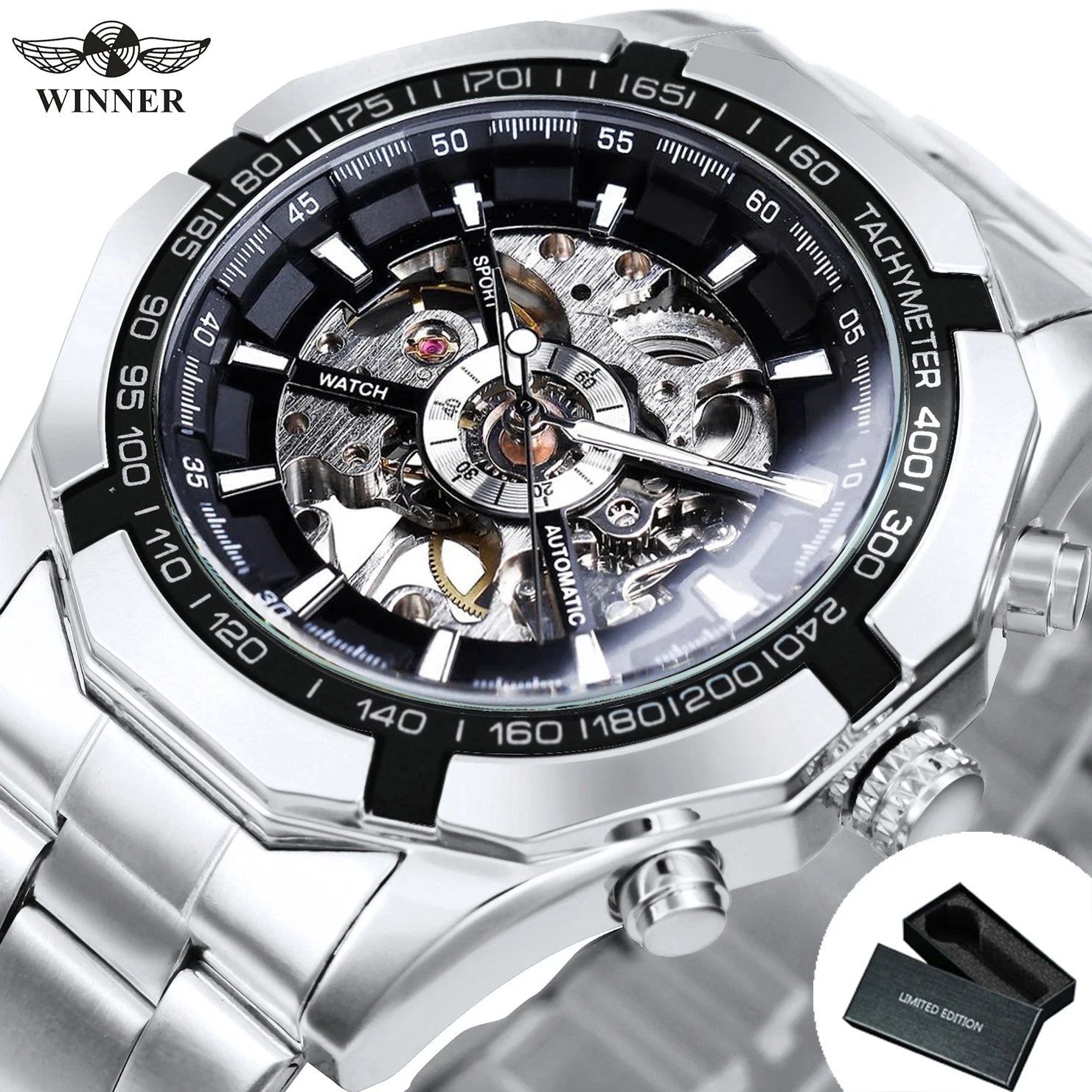 Stainless Steel Skeleton Watch Luminous Hands — Black | KIMLUD