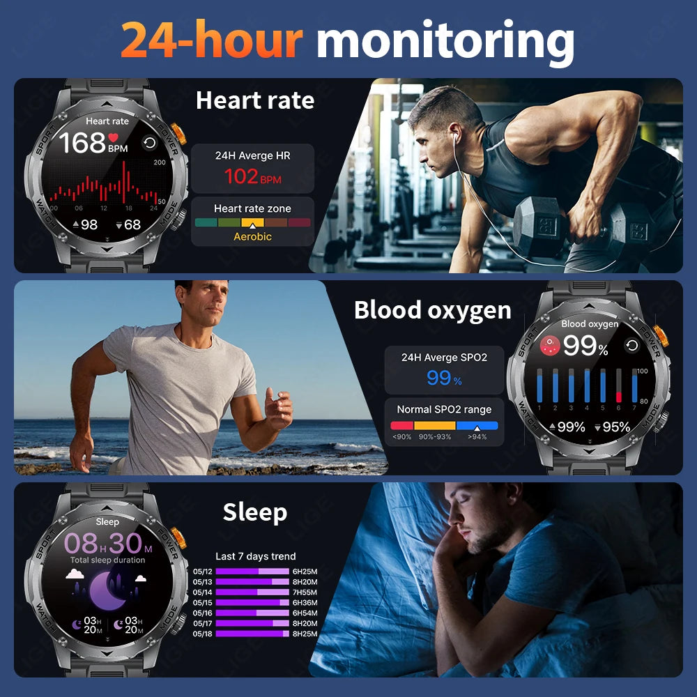 LIGE AMOLED Smart Watch Men with Flashlight Sports IP68 Waterproof Fitness Tracker Bluetooth Call Smartwatch Man for Android iOS