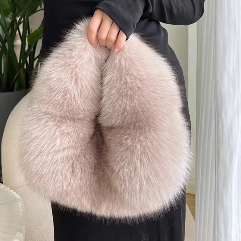KIMLUD, Fashion Soft Plush Half Moon Bags for Women Designer Fluffy Faux Fur Lady Handbags Luxury Small Tote Female Winter Purses, KIMLUD Womens Clothes
