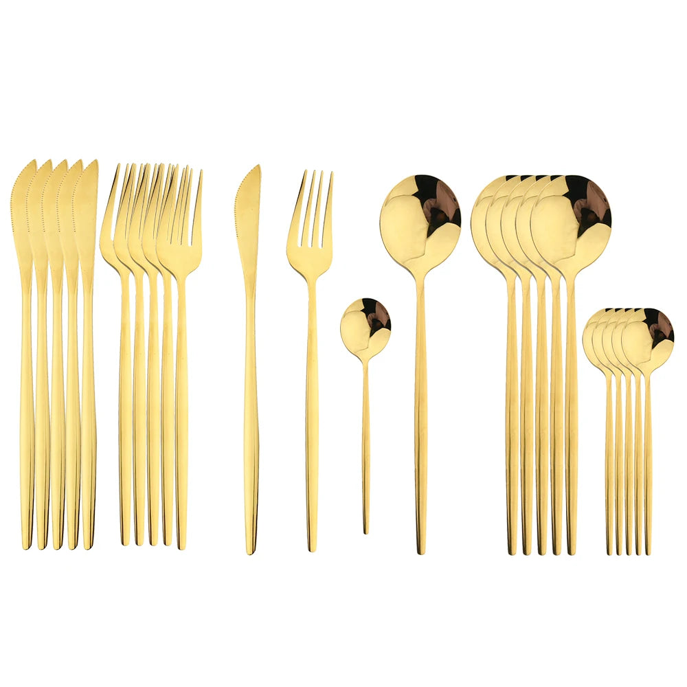 Gold Tone Cutlery Set With Black Handles — Black | KIMLUD