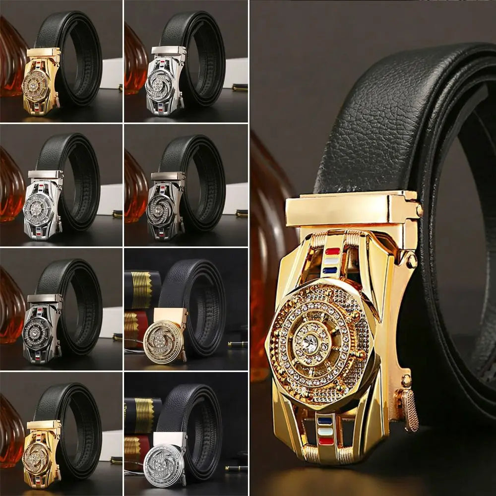Leather Belt Rhinestone Buckle Automatic — Black | KIMLUD